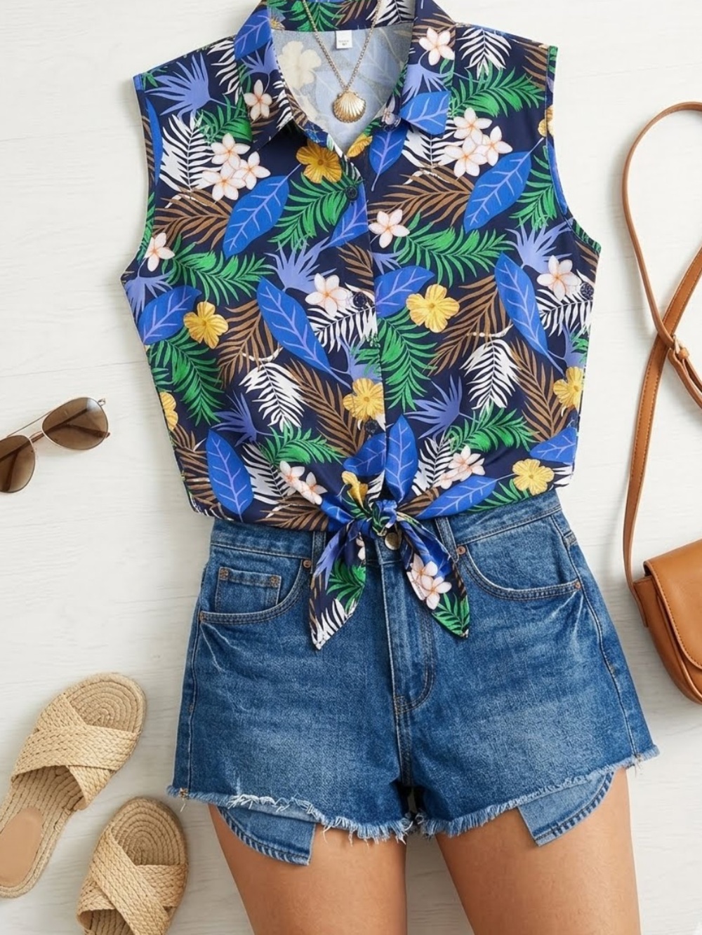 Floral Sleevless tie at waist tropical large shirt boho tropical vacation